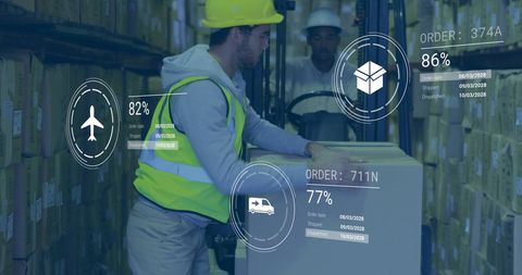 Warehouse workers managing modern digital shipping operations