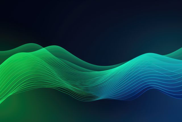 Features flowing abstract lines in green and blue hues against dark background. Suitable for technology, digital, and modern design themes, making it ideal for backgrounds, presentations, websites, and marketing materials.