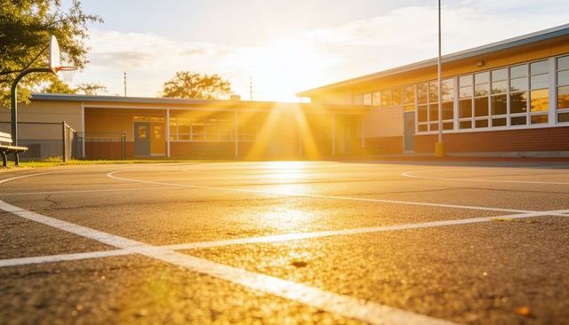 Sunlight bathing empty schoolyard basketball court at golden hour with hoop and bench