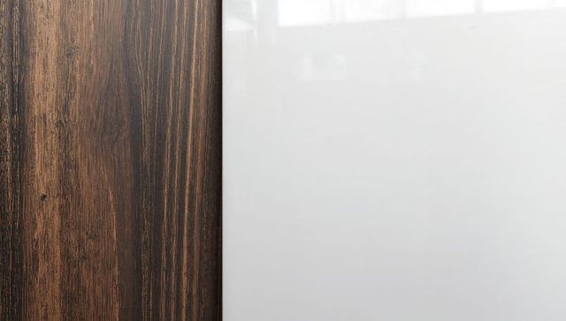 Dark walnut wood grain meeting glossy white panel vertical contrast for modern cabinetry