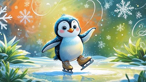 Adorable Penguin Ice Skating on Winter Wonderland Pond