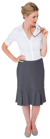 Thoughtful Businesswoman Holding Glasses on Transparent Background