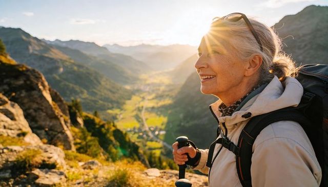 Senior hiker smiling on sunlit alpine ridge hiking with backpack and trekking pole