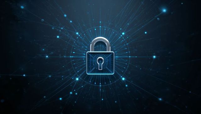 Metallic Padlock Symbol with Network Radiance Represents Secure Technology