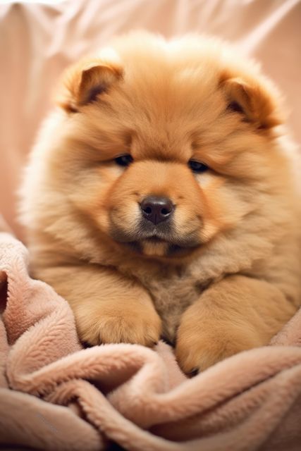 Portrait of cute chow chow puppy lying on pink blanket, created using generative ai technology. Animal, puppy, pet and dog concept digitally generated image.