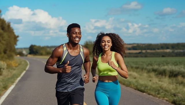 Joyful Friends Jogging on Countryside Road on a Sunny Day