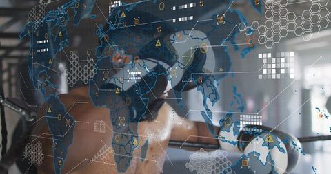 Athlete Training in Virtual Reality Boxing Ring with World Map Overlay