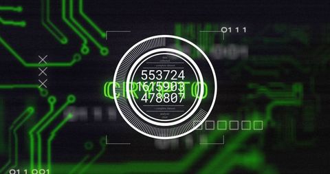Futuristic digital interface display with numeric data and circuitry