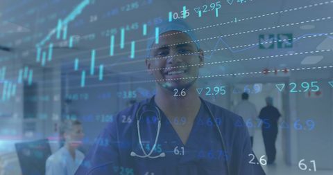 Financial Data Overlay on Confident Surgeon in Hospital