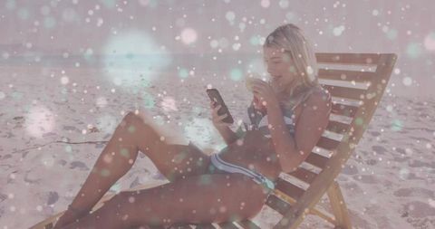 Woman in Bikini Relaxing on Beach Breeze Sip Coconut Delight