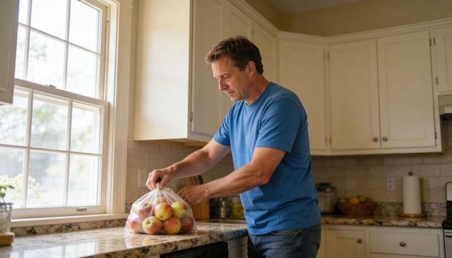 Middle-aged man tying plastic bag of apples on sunlit kitchen counter for fresh storage