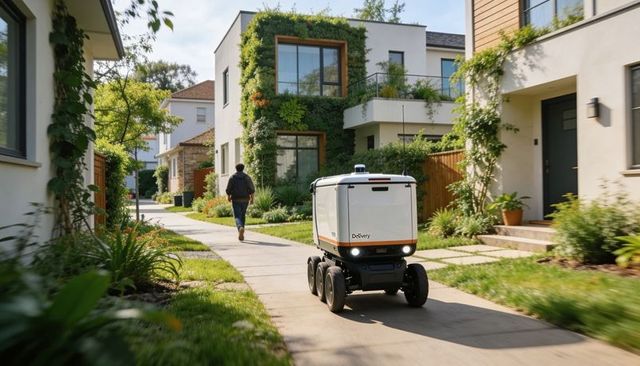 Autonomous delivery robot navigating suburban sidewalk past modern eco-friendly homes
