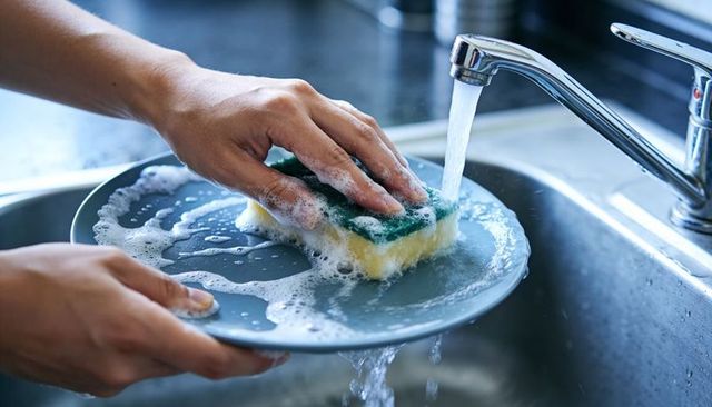 Close-up hands scrubbing soapy plate with sponge under running faucet in kitchen sink