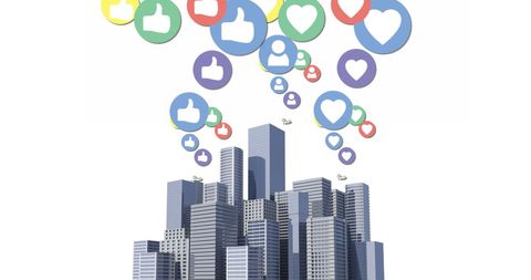 Colorful social media networks over cityscape illustration