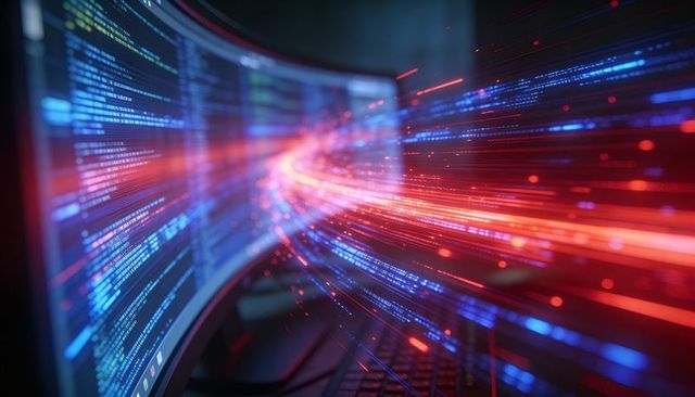 Streaming curved ultrawide monitor displaying code with neon light trails and data flow