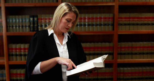 A Caucasian woman, a lawyer or legal professional, is focused on reading a large book in a library with law books in the background, with copy space. Her expertise is suggested by the legal volumes surrounding her as she delves into the complexities of law.