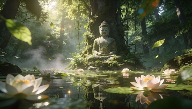 Moss-covered buddha meditating by lotus pond at misty forest dawn with sunbeams