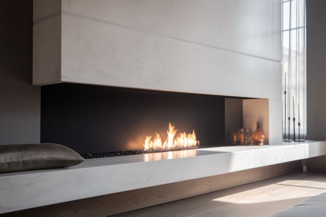 Fireplace with flames in modern living room, created using generative ai technology. Fireplace, home decor and interior design concept digitally generated image.