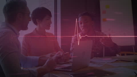 Diverse Team Collaborating with Digital Heartbeat Overlay