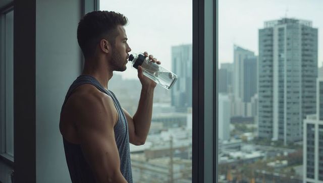 Muscular man drinking water while overlooking city skyline from high-rise apartment window