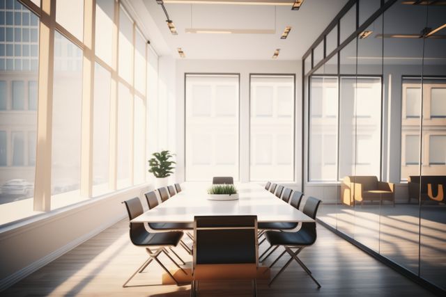 Elegant conference room with large windows filling space with natural light. Features minimalist design with sleek furniture, glass walls, and professional atmosphere. Ideal for presentations on modern office design trends, business meetings, corporate environments, or workplace productivity.