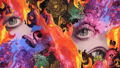 Surreal eye collage with vibrant floral swirls and mandalas