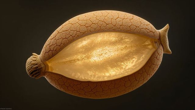 Golden seed pod splitting open, revealing translucent membrane and fibrous interior