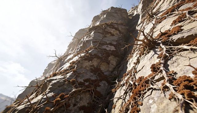 Sunlit limestone cliff with twisted roots clinging to vertical rock strata