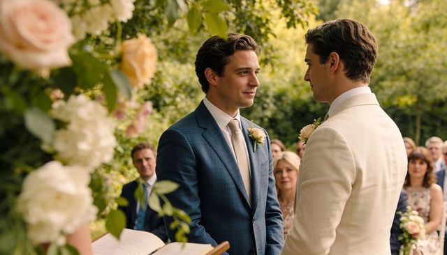 Groom couple exchanging vows under floral arch outdoor wedding ceremony in garden