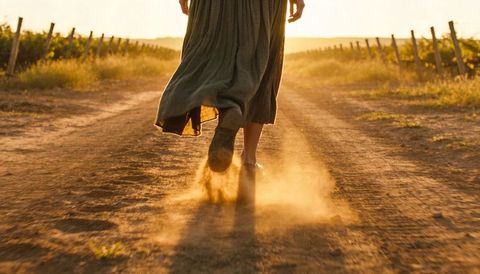 Woman walking vineyard road at golden hour kicking up dust, backlit silhouette, sunlit path