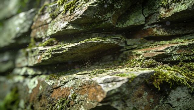 Moss-covered layered rock slabs close-up with pale lichen crusts and textured strata