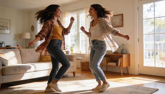 Two women dancing joyfully in sunlit living room wearing casual layers and sneakers
