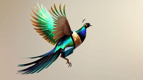 Stylized geometric bird animal art with teal and gold feathers