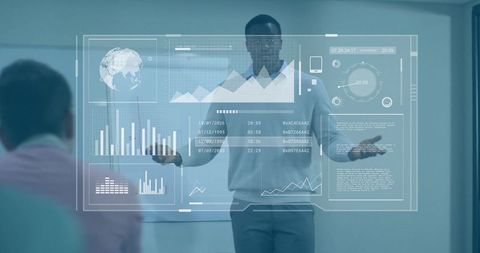 Executive Presenting Data on Holographic Display in Futuristic Meeting Room