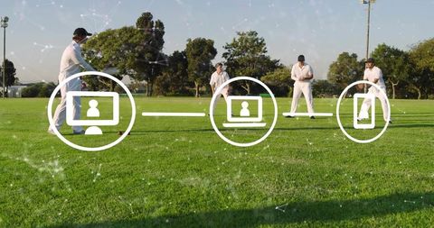 Cricket players practicing on green field with digital network icons and teamwork concept