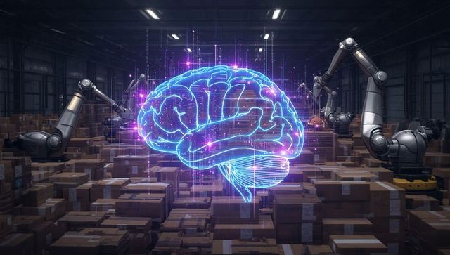 Ai brain hologram in automated warehouse with robotic arms