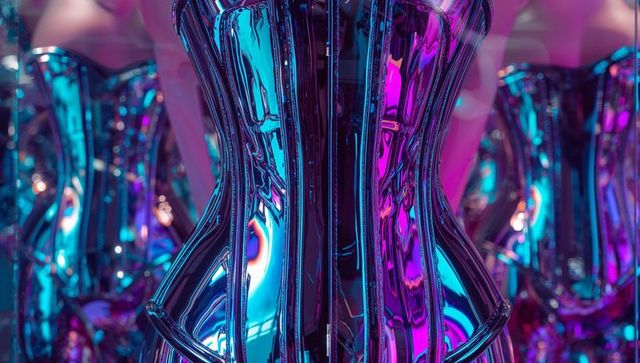 Futuristic reflective chrome corset with neon lights