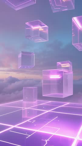 Vertical neon cubes drifting and rotating above clouds on glowing grid, futuristic ambient loop