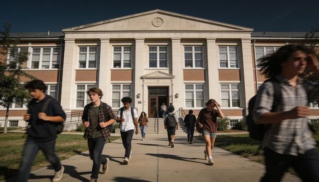 Teens walking past brick school facade with classical columns and backpacks in sunlight