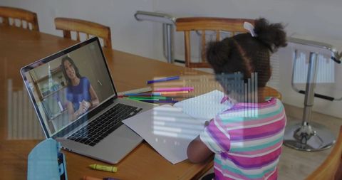 Young girl learning remotely at dining table with laptop tutor and colorful pencils