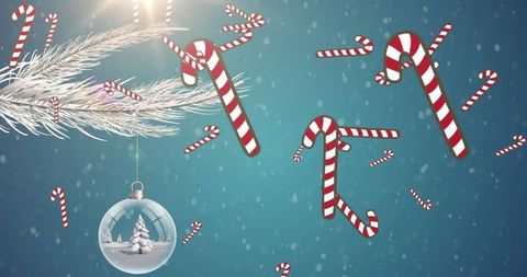 Whimsical Candy Canes and Winter Bauble on Blue