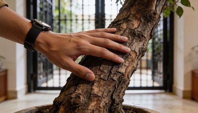 Male hand touching bonsai trunk revealing textured bark and gnarled roots in indoor atrium