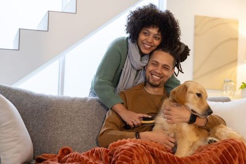 Couple cuddling with golden retriever on sofa, brushing dog, smiling cozy home moment