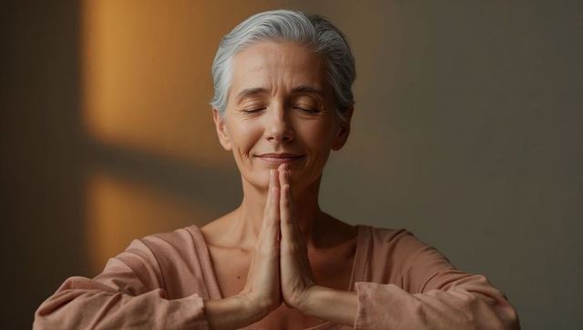 Serene senior woman meditating with hands pressed in namaste pose, soft golden light