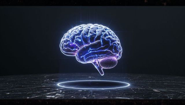 Futuristic Holographic Brain with Neural Pathways Lighting Up