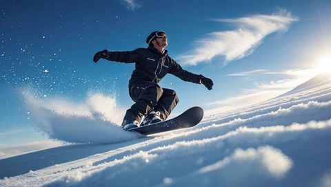 Snowboarder Carving Fresh Powder in Winter Sun
