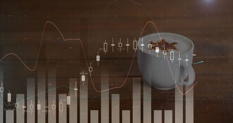 Cappuccino Cup with Financial Charts Overlay on Wooden Table for Business Analytics