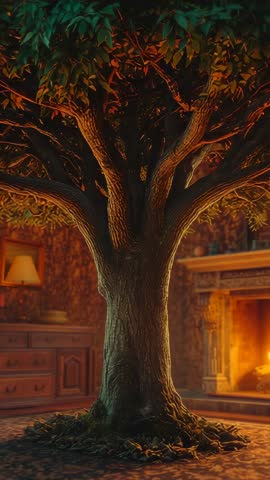 Flickering Fireplace Light Casting Leaf Shadows on Indoor Tree in Cozy Rustic Parlor
