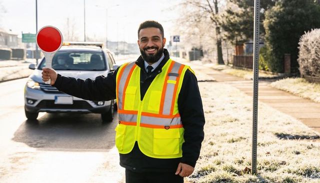 Traffic controller directing traffic holding red stop paddle in hi-vis vest on frosty road