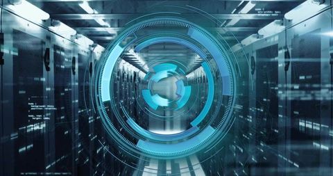 Holographic HUD projecting over datacenter corridor with futuristic server rack interface